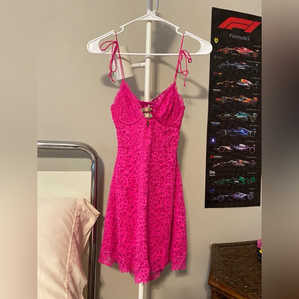 For Love & Lemons Hot Pink Lace Tie-Shoulder Mini Dress